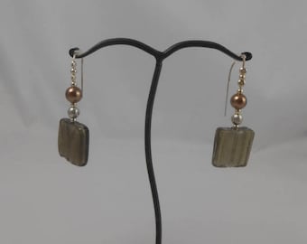 Earrings brown glass bead and silver leaf 20 x 20 mm