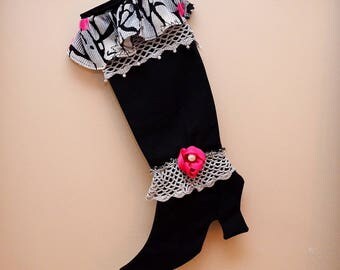 Christmas boot, Victorian fashion black grey pink