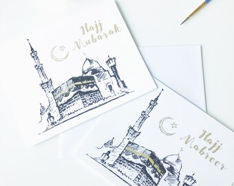 Hajj Mubarak Cards Set, Hajj Mabroor Card, Kaaba Black and Gold Foil Card, Hajj Card