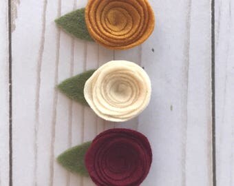 Fall collection felt flowers // Baby girl headbands // Mustard yellow // Cream // Maroon red // 3 pack // Nylon headband // Alligator clip