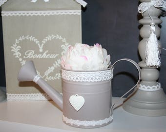 old watering can zinc shabby taupe lace heart and the Peony