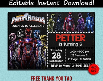 Power Rangers Invitation, Power Rangers Birthday Invitation, Editable PDF Template, Instant Download, Thank You Tags, Editable Invitation