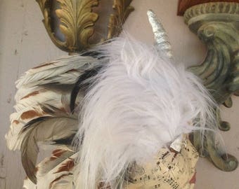 Fluffy White Unicorn headpiece, white faux fur silver horned unicorn with natural feathers