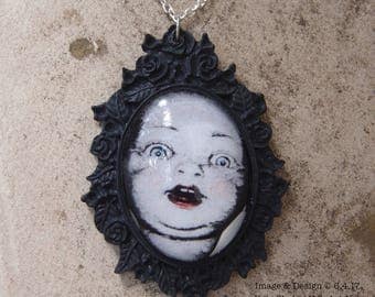 Blue Eye Babydoll Head And Black Rose Cameo Necklace by Ugly Shyla - Ugly Art Dolls - doll jewelry - Gothic - Victorian Gothic