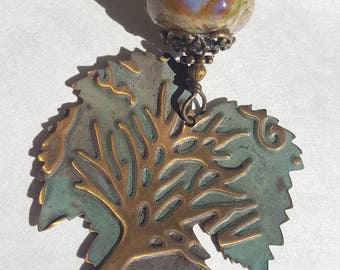 Embossed Brass leaf & Lampwork Pendant