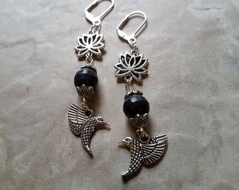 Faceted Blue Lapis and Hummingbird and Lotus Flower Long Dangle Leverback Earrings