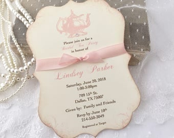 Bridal Shower Tea Party Invitations, Blush Pink Teapot Invites, Printed Invitations, Set of 10