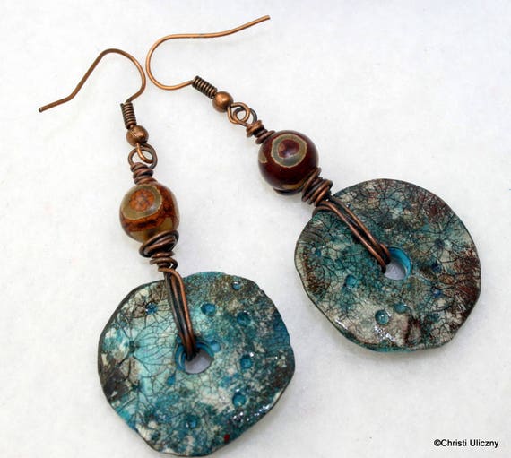 Polymer clay earrings Faux metal organic wire wrapped Dzi