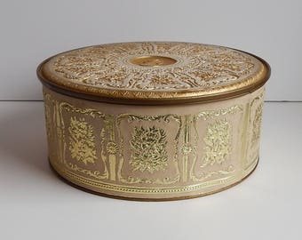 Vintage Round Cookie Tin Box / Gold with Cameo / Guildcraft New York