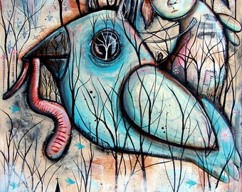Enchanted Forest Guardian - abstract, expressionism, art brut, visionary, narrative, outsider, one of a kind original painting, faeries