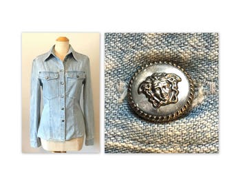 Vintage 90s Jean Shirt Versace Jeans Couture S Medusa Rivet Buttons