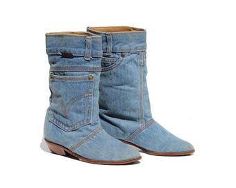 Vintage Blue Denim Pull on Boots / size 7.5