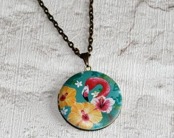 Flamingo Locket Necklace, Bird Necklace, Flamingo Pendant, Pink Bird Jewelry