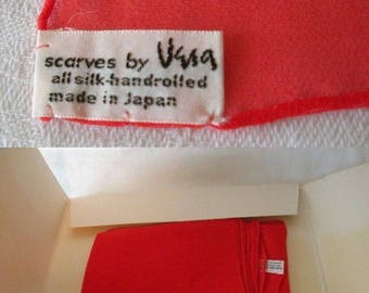 UNWORN Vintage VERA Neumann Sheer All SILK Christmas Red Vintage Scarf Hand Rolled Hem 16 x 46 In Original Dept Store Cardboard Folder