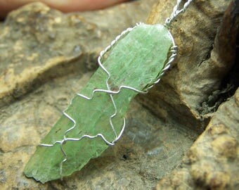 Green Kyanite Crystal Sterling Silver wire wrap necklace pendant - light Kyanite blade Tanzania Africa cord or chain coyoterainbow he50