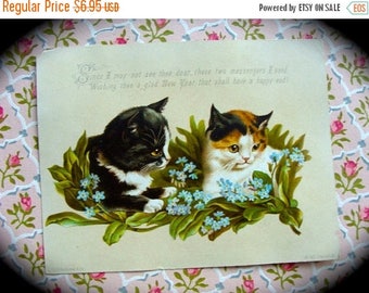 ONSALE Antique 1800s Christmas New Years Kitties Stunning Trade Lithograph Trading Cat Card N022