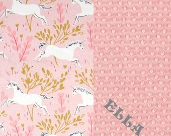Minky Adult Blanket, Personalized Blanket - Pink White Unicorn Blush Pink Throw - Unicorn Blanket // Minky Throw Blanket /