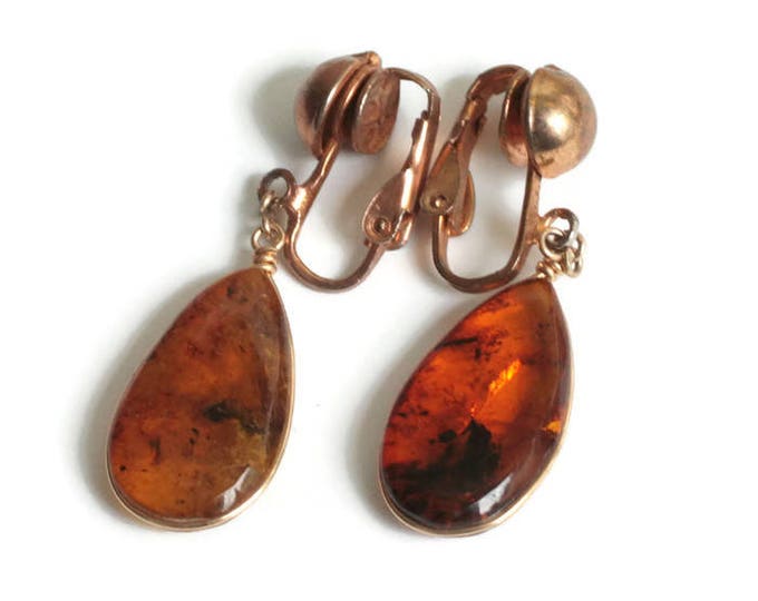 Vintage Amber Drop Dangle Earrings Clip On