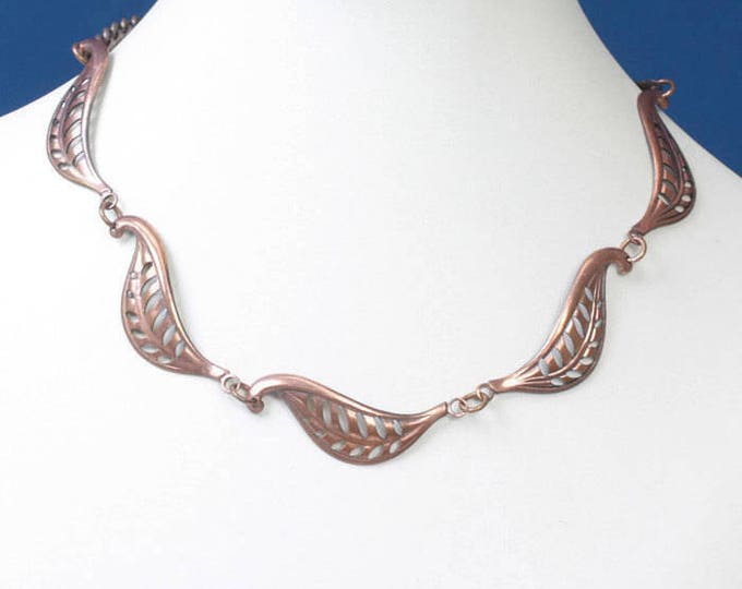 Copper Leaf Motif Necklace Earrings Set Vintage 1950s Mid Century