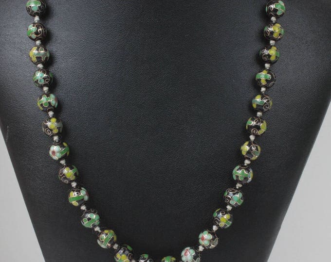 Green and Black Cloisonne Bead Necklace Porcelain Beads Vintage