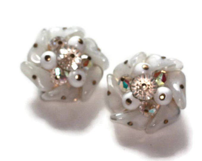 Crystal Beaded Earrings Signed Laguna Clip On Wedding Bridal Vintage