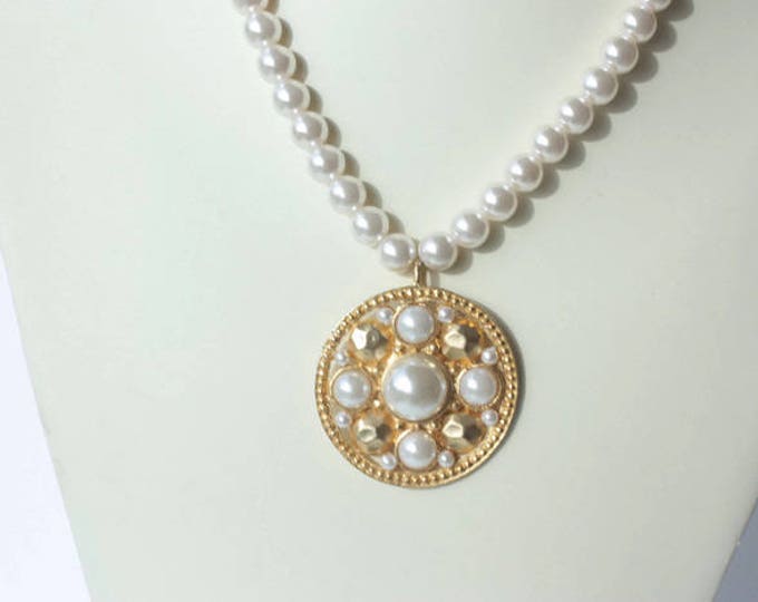 Long Faux Pearl Necklace with Chunky Medallion Pendant 36 Inch Necklace