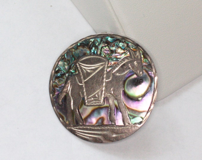 Donkey Sterling and Abalone Convertible Brooch Pendant Mexico Signed MR Vintage