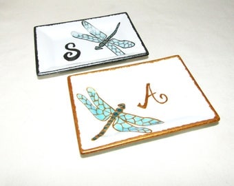 Monogram Ring Dish Personalized Hand Painted Candy Dish Dragonfly Monogram Mint Dish