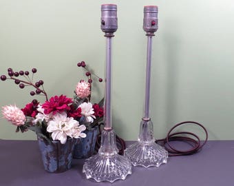 Pair Clear Glass Bedside Dresser Lamps Tall Shabby Chic Vintage 1930s 1940s Bedroom Decor Lamps