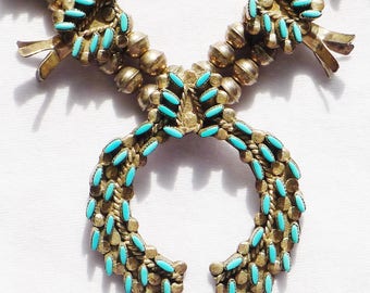 Zuni Sterling Silver Needlepoint Turquoise Squash Blossom Necklace
