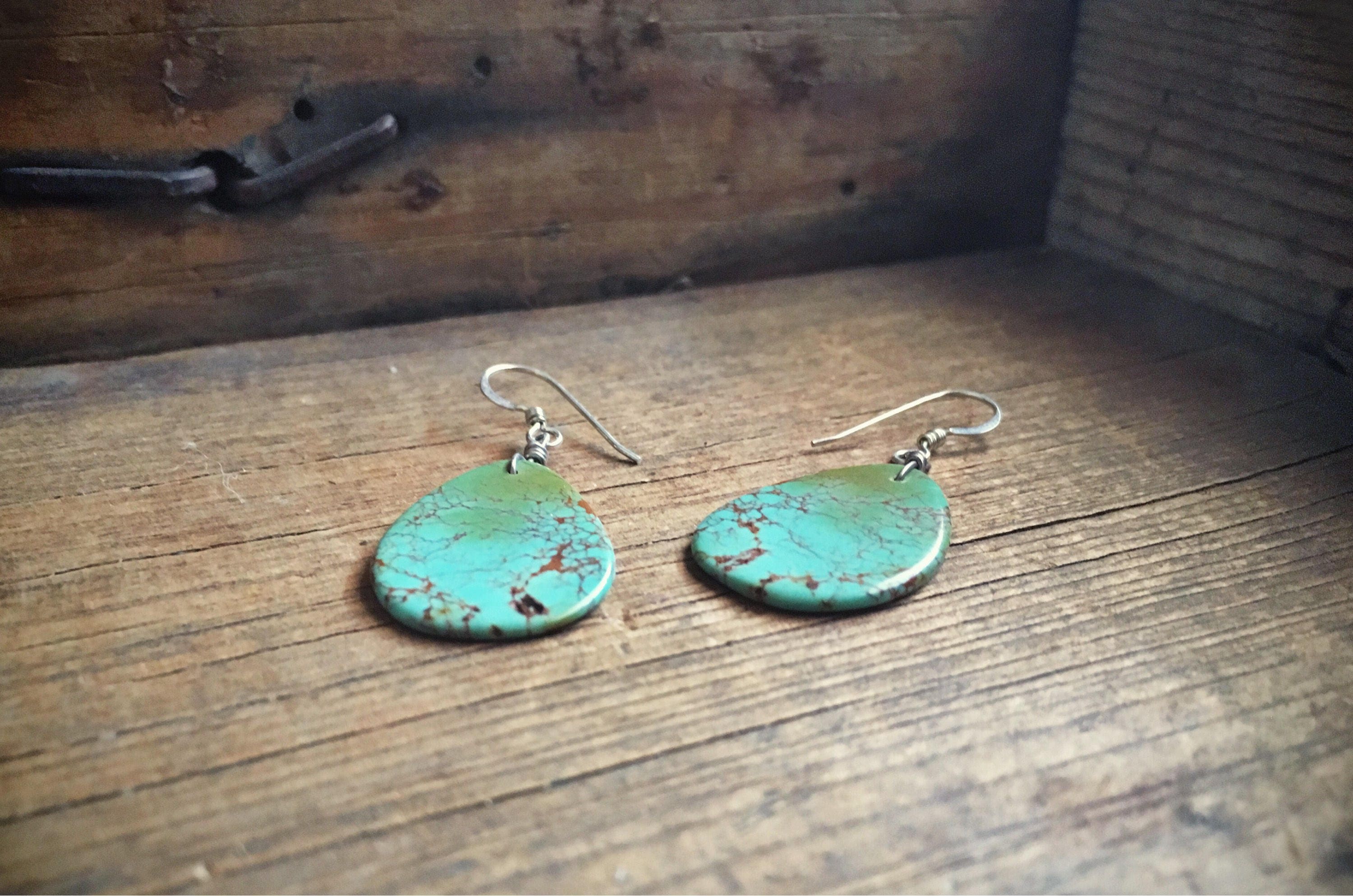 Vintage thin slab turquoise earrings Native American Indian jewelry