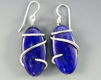 Lapis Lazuli Earrings, lapis earrings, stone earrings, blue stone earrings, wire wrap earrings, gemstone earrings, wrapped stone