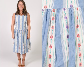 Midi Dress with Pockets - Summer Floral Dress - Casual Summer Dress Vintage - Drop Waist Dress - Embroidered Dress - Summer Dress Pockets
