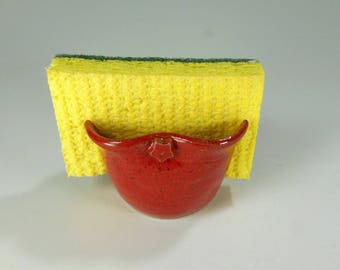 Ceramic sponge holder, pottery sponge holder, stoneware sponge holder, pottery sponge keeper, kitchen decor spongeholder, red with stars