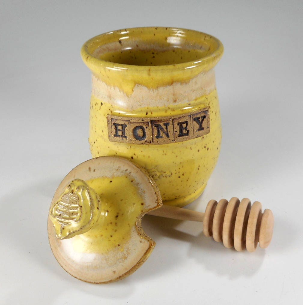Ceramic honey dipper pot pottery honey jar with bee
