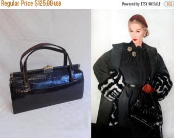WW2 ENDS SALE I've Got the World on My String - Vintage 1950s Espresso Brown Alligator Leather Long Handbag