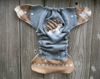 Upcycled Wool Nappy Cover Diaper Cover Wool Wrap One Size Fits Most Blue/ Beige With Hedgehog Applique/ Beige