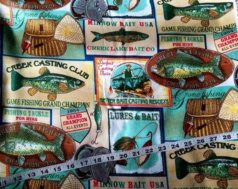 Wildlife flannel fabric with fish fisherman cotton print quilt sewing material craft supply by the yard BTY quilter fish fabric outdoor