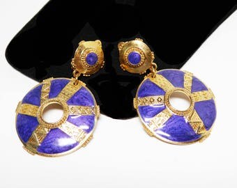 Berebi' Dangling Etruscan Disk Earrings - Gold Tone, Blueish Purple Tone Enamel - Etruscan Clip on Earrings - Retro 1980s 1990s Vintage