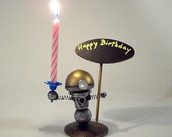 RESV for Ingrid Robot Birthday or ANY Cake Topper AND Candle Holder Wood Bobby Statue Candles