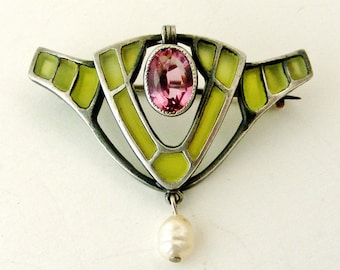 Antique art nouveau jugendstil plique a jour enamel brooch with pink tourmaline