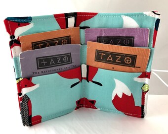 Blue Tea Wallet Tea Bag Wallet - Foxes Tea Bag Case Tea Bag Holder Tea Holder Tea Bag Cozy - Tea Bag Organizer - Dapper Foxes in Aqua