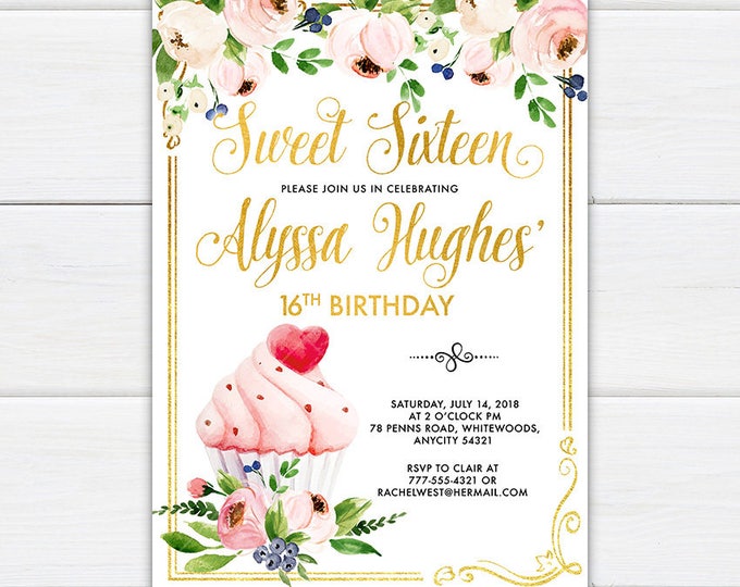 Sweet Sixteen Cupcake Invitation, Sweet Dainty Pink and Gold Glitter Floral Cupcake Sweet Sixteen Quinceanera Birthday Party Invitation v.2