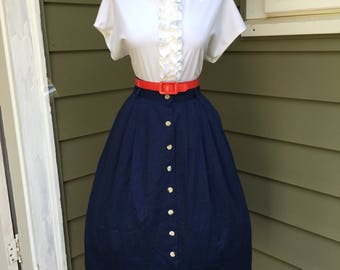 VINTAGE 1950s 1960s Style Navy Blue Cotton Full Skirt