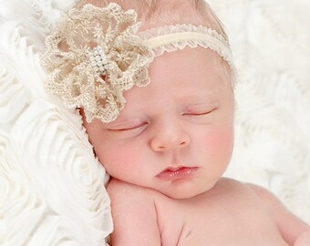 12% off Vintage headband, Christmas holiday Baby headband, newborn headband, trim headband, adult headband, and photo prop golden lace bow h