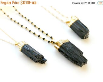 SALE - Gold Black Tourmaline Necklace, Raw Tourmaline Pendant, Gold Dipped Long Necklace, Beaded Gemstone Necklace, Boho Long Layering Neck