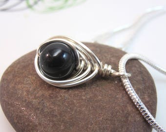 Black tourmaline necklace - wire wrapped gemstone necklace - minimalist necklace - black gemstone pendant silver necklace - herringbone wrap