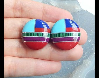 New,Lapis Lazuli,Turquoise,Malachite,Purple Jasper ,Red Jasper Intarsia Cabochon Pair,22x20x7mm,7.5g