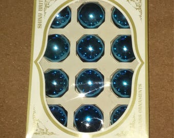Vintage Box of 12 Shiny Brite Glass Christmas Tree Ornaments Blue 1.5"