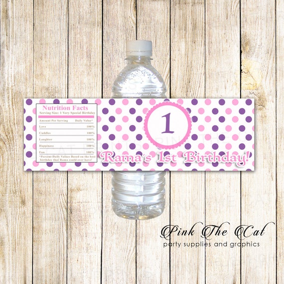 Purple pink polka dots water bottle labels purple pink